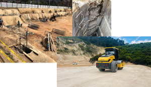 Un collage de equipos de construcción y trabajadores, que muestra los servicios ofrecidos por Squadra Ingeniería Geotécnica S.A.S. 